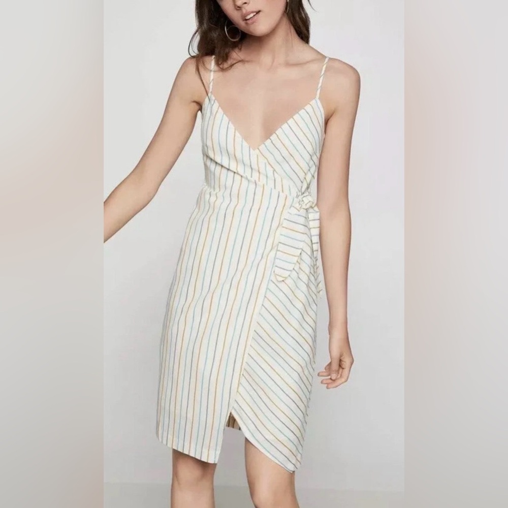 BCBGeneration Beige Striped Midi Wrap Dress Medium - Picture 14 of 16